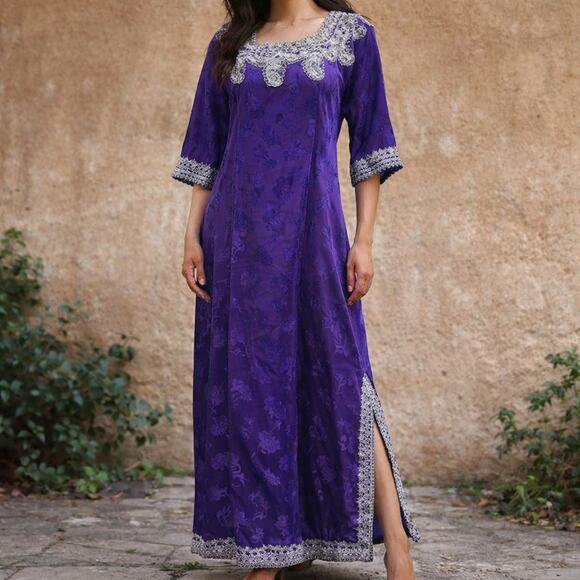 unknown Dresses & Skirts - Vintage 90s Women's Medium Royal Purple Embossed Maxi Dress Silver Trim
